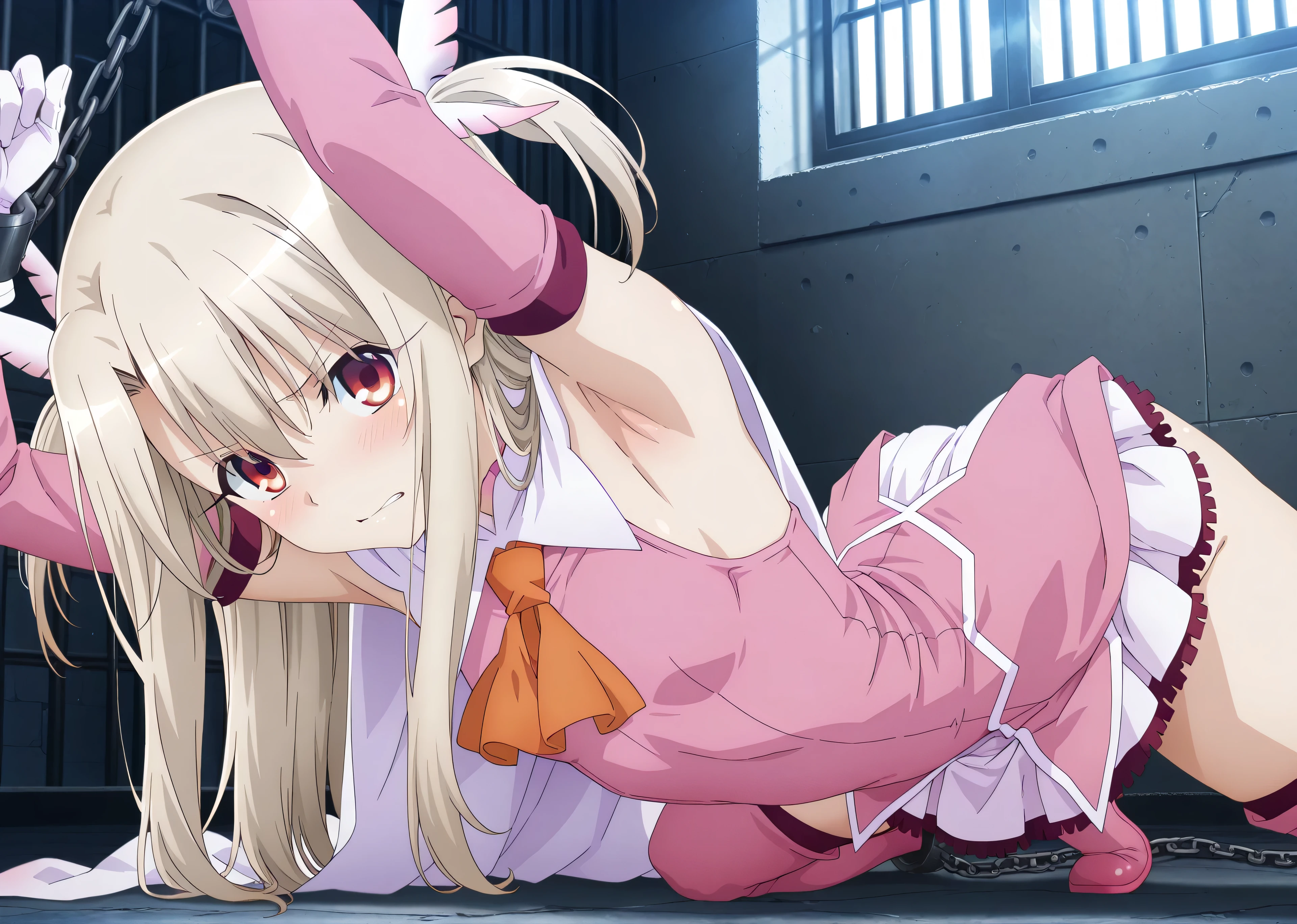 anime screencap,best quality, masterpiece, Super detailed,High resolution,Extremely detailed CG,1girl,illyasviel von einzbern, long hair, blonde hair, two side up, hair ornament, red eyes, bare shoulders, magical girl, cape, orange ascot, pink shirt, sleeveless, detached sleeves, white gloves, white skirt, pink thighhighs,,On ground, arched back, spread arms, spread legs, chained arms, chained legs, Indoors, prison cell,thick thighs、clenching jaw、nsfw,armpit focus,look at viewer