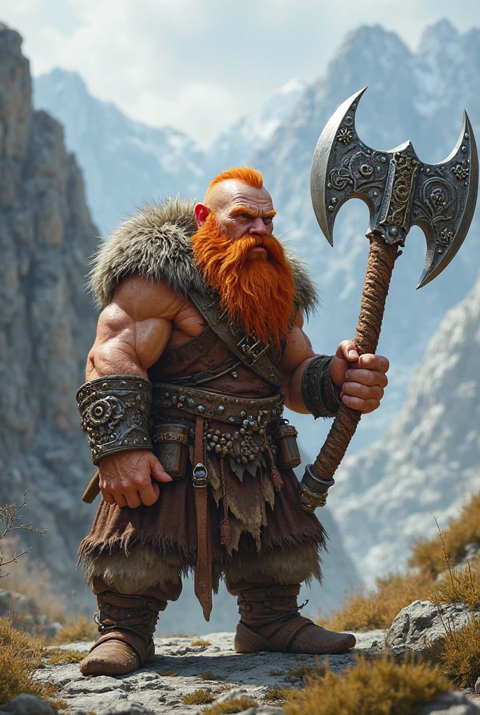 Make Thor look like a tall, pot-bellied Norse man, strong expression lines, with long red hair and beard, shirtless and with rune tattoos on his chest and arms, carrying a detailed mjolnir wrapped in lightning