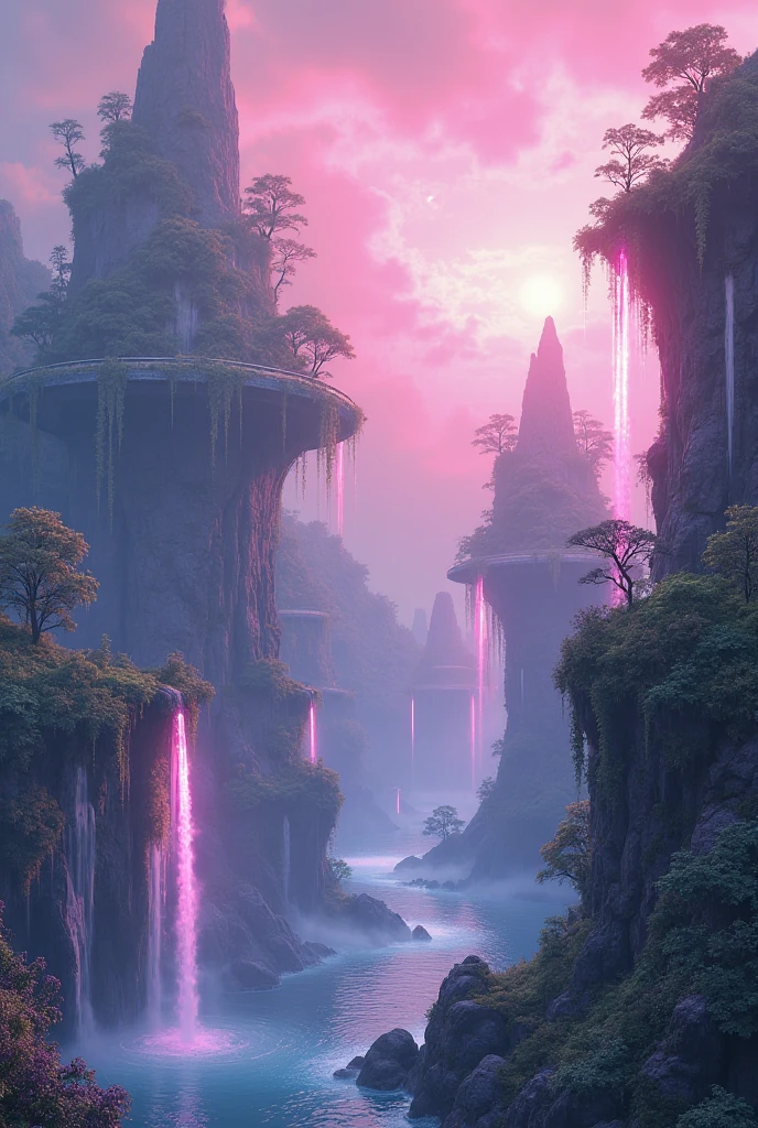 "A surreal dreamscape with floating islands, glowing waterfalls, and a pink-purple twilight sky, soft light, ambient haze, ultra-HD wallpaper"
