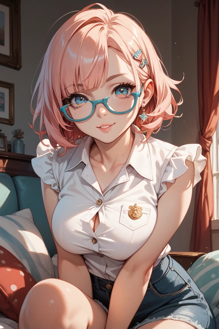 (Best quality:1.1), (Masterpiece:1.2), Highqualityshadow, Beautiful detailed, Beautiful face, Detailed eyes, Off-the-shoulder attire，Depth of field, A high resolution, Best shadow, Best illumination, 1girll, view the viewer, （A pink-haired:1.3)，Brush cut，extra very short hair, Blunt bangs, Long hair, Black eyes, Shy, Large breasts, Miniskirt, blouse, Blazer, Pump, Office Lady, Glasses,cleavage，looks into camera，ssmile，closeup cleavage，Superskirt