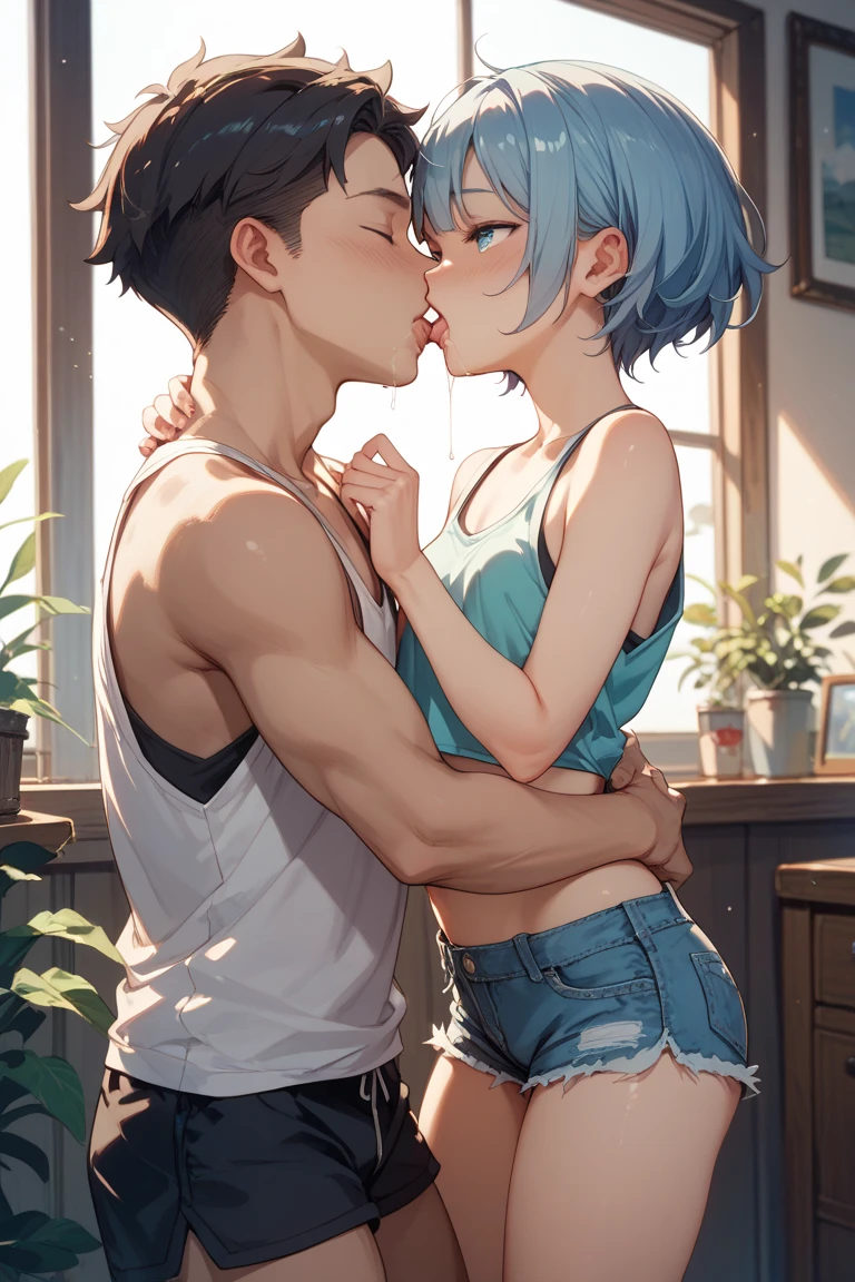 short hair woman, jeans, bare shoulders, sitting, inside a train, sideview, blushing, dick flash, penis, foreskin