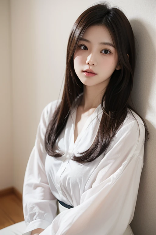 masterpiece, best picture quality, high quality, beautiful girl, Japanese, Japanese school girl, detailed, detailed eyes, detailed skin, beautiful skin, ultra high resolution, (reality: 1.4), very beautiful, slightly younger face, beautiful skin, slender, (ultra realistic), (illustration), (high resolution), (8K), (highly detailed), (best illustration), (beautifully detailed eyes), (super detailed), (wallpaper), (detailed face), looking at viewer, fine details, detailed face, smiling, looking straight ahead, angle from waist up, realistic photo, bright lighting, professional lighting, long hair, mature woman, long stylish bangs, bedroom,