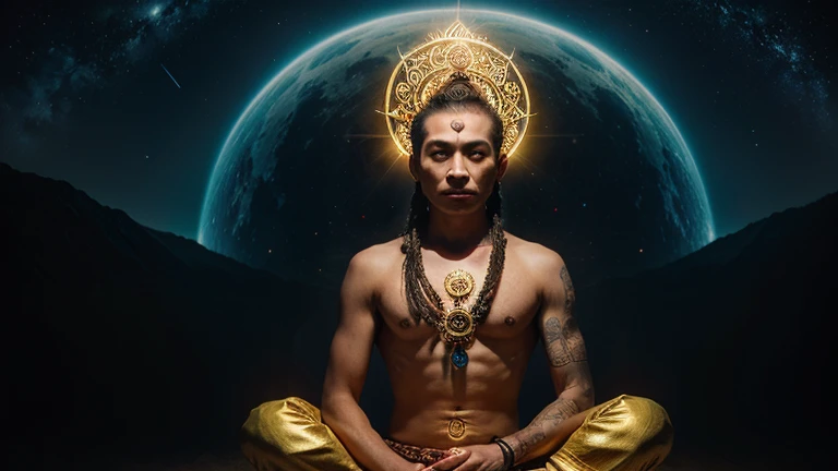 A mystical Tibetan monk in the lotus position under space the night sky, with a shining third eye on his forehead. Light radiates from the third eye, illuminating sacred symbols around — mandalas, sign Om, spirals and an endless knot. In the background — stardust, deep blue and purple tones, golden glow . The monk's face is calm, wisely and peacefully — symbolizes inner strength and awakened perception.  ultra-detail , medallion on the ????? cinematic light, Format 16:9, spiritual and mysterious atmosphere.