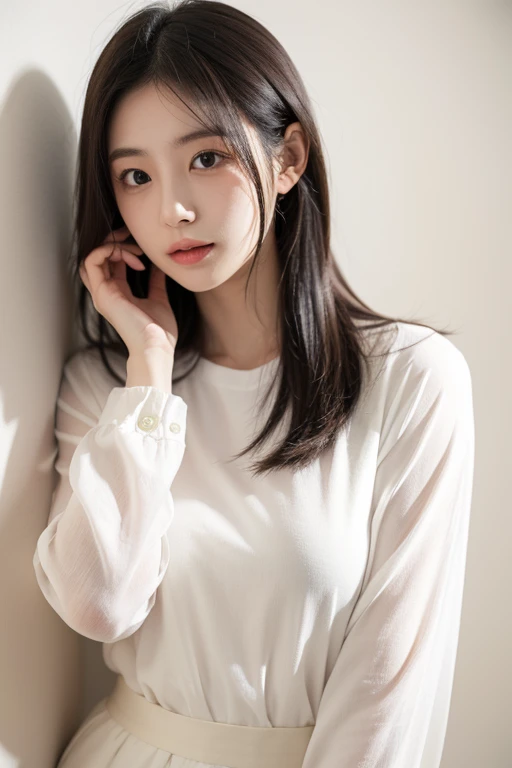 ((white long sleeved blouse))、(背景にwhite wall)、white wall、Taken in front of the white door、(窓のあるwhite wallの部屋)、((highest quality、8K、masterpiece:1.3))、ultra high resolution、(photogenuineistic:1.4)、RAW photo、Japanese,(face)、genuine、Shot in natural light、Highly detailed face and skin texture、highly detailed lips、correct state of the human body、medium hair、various poses、natural color lip、Don't look at the camera。pastel clothing