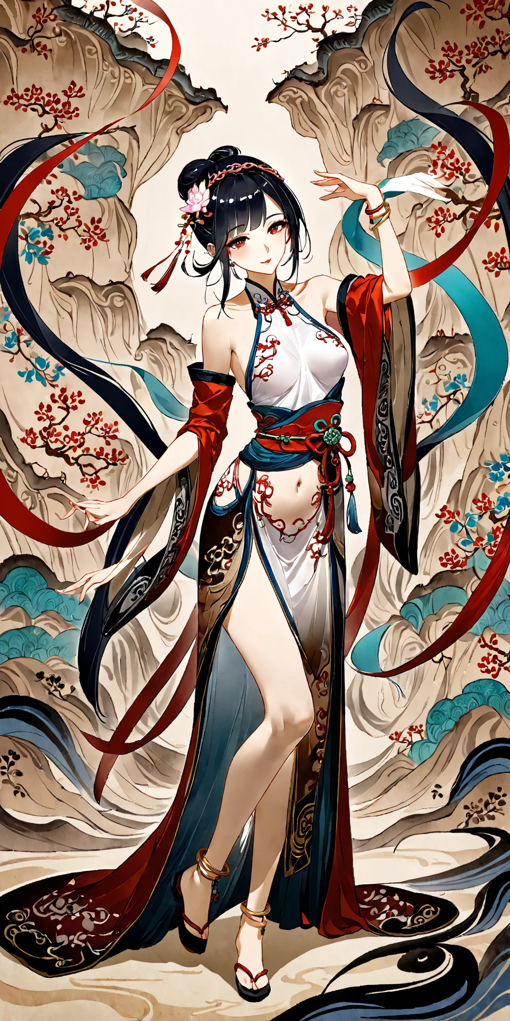 (masterpiece, top quality, best quality, official art, beautiful, cosmic, atmospheric, psychedelic, dreamlike and aesthetic, swirling psychedelic cosmic graffiti patterns:1.2), (1girl), extreme detailed,(fractal art:1.3),colorful,highest detailed, "(Best Quality, 8K, 32K, masutepiece:1.3), Ultra-detailed, (Photorealistic:1.4), pink and white colors, perfect color scheme, albino, Punk rock Girl, Detailed moonlight eyes, Upper body, Luxurious punk hair, Edgy Harajuku-inspired punk rock fashion, super huge enormously gigantic , cleavage showing, Avant-garde makeup, Numerous piercings, Heavily tattooed body, Barefoot woman(30-years old) , (fair white skin:1.7)、 (long pink hair)、(Samurai style black and gold kimono:1.0)、(Big dragon background)、(White smoke)、(two swords)、(abnormally large breasts)、(Red smoke around the body:1.7)、Bare shoulders, Double eyelids, (Gray eyes)、Parted lips,Solo,(cleavage)、delicate and sexy(clavicle:1.3), (Shiny skin:0.8),(masutepiece:1.4),(Best Quality:1.4),glossy red lips, Perfect Abs, Wet(full of sweat)、low angles, (from below angle), High detailed skin, Skin pores,(Katsushika Hokusai-style background)