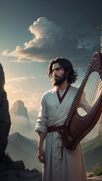 Anime-style illustration of a 32-year-old man with medium-length dark hair and a full short boxed beard with connected mustache. He stands firmly on the peak of a high mountain, wearing white linen garments, with a composed and reverent expression. He holds and plays a beautiful 10-string ancient harp — not oversized — inspired by the harp of David. The cloudy sky above him parts slightly, with rays of divine sunlight shining down upon him. In the valley below, the River of Life as described in Revelation 22 flows brilliantly, coming from the New Jerusalem. The atmosphere is spiritual, cinematic, peaceful, and majestic. High-detail anime style, soft shading, glowing light effects, heavenly background.




