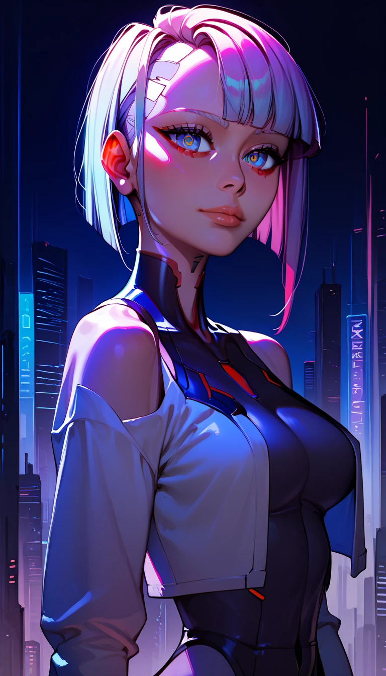 score_9, score_8_up, score_7_up, score_6_up, score_5_up, score_4_up, Masterpiece, hyperdefinition, 8k, RTX Nvidia, sunset toner,detailed eyes, lips Stick, make Up,beatiful features ,detailed breast,detailed enviroment, Lucy from cyberpunk anime, anime style, graphic novel style,inside city building background, city from cyberpunk 2077 videogame 
