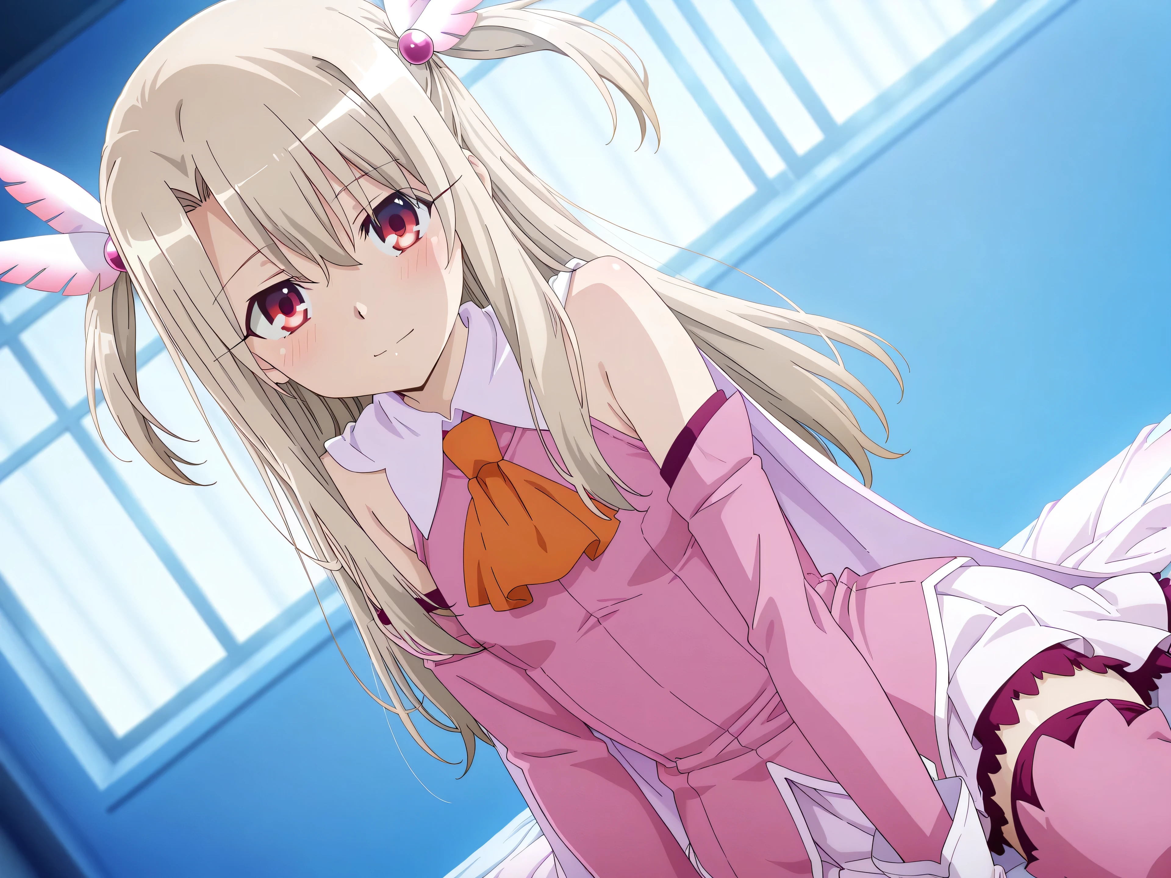 anime screencap,best quality, masterpiece, Super detailed,High resolution,Extremely detailed CG,1girl,illyasviel von einzbern, long hair, blonde hair, two side up, hair ornament, red eyes, bare shoulders, magical girl, cape, orange ascot, pink shirt, sleeveless, detached sleeves, white gloves, white skirt, pink thighhighs,,