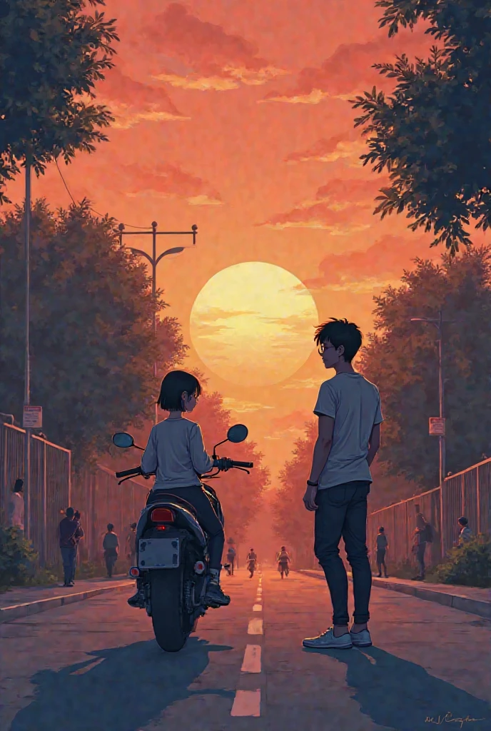generate a picture. a school with a sunset. theres trees and students. on the corner side theres a guy with his motorcycle. make the people minimalist. its for a            iPhone wallpaper. portrait. make it cutesy. also make     this as a basis for the person and the motorcycle. can  you highlight the guy  and theres a girl on the other      side with a short hair, eyeglasses and airpod on her      ears. and make it like theyre strangers. the guy is not    riding on his motorcycle. the girl is only standing at the school gate and guy is also standing at front but on      different side of the road and there are also other         students on the scene. but make it like they are the      highlight. the subjects on the photo should be               minimalist