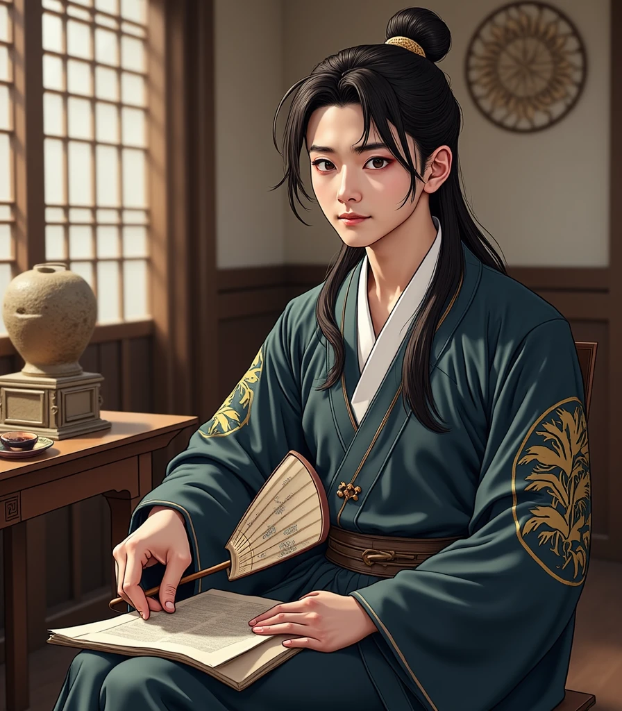 A calm young male xianxia cultivator in traditional hanfu, with the demeanor of a scholar. Semi-realistic style with delicate details. He is sitting at a wooden desk with ancient scrolls and books, holding a folding fan, with a tea set beside him. His long black hair is neatly tied, expression serene and wise. Soft sunlight filtering through a paper window, traditional Chinese study room setting, elegant and peaceful atmosphere.