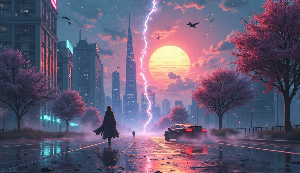 

**Common :**
- The image is divided in two by a giant *as a crack in space* — as if heaven and earth are torn in half, and a glow breaks out from within.
- Around the crack is a curved reality: sparks, pixel fragments, glitch flickering and light, словно из другой  reality .
- In the center is the place of collision: one part of the image is realistic, like a shot from a big Hollywood movie, neural network, another one — in the anime style with rich colors and vivid images.

---

### 🔹 ** The left side  (Movie Universe):**
- City in the style of *neo-noir* (in the spirit of  "Blade Runner"):
  - Dark skyscrapers, neon signs, reflections from the rain on the asphalt.
  - Mist, street lights, reflections on puddles.
  - The car of the future rushes along the wet road.
  - A character in a long black cloak walks down the street, her pose is calm.
  - The: blue, purple, steel tones, light noise and graininess.

---

** Right side  (Anime Universe):**
- Anime landscape:
  - Islands floating in the sky, bridges of light, sparkling trees with unnatural shades (for example, blue or pink leaves).
  - A huge anime sun with an unusual shining.
  - Vivid characters: maybe, A girl with bright pink hair in a fighting stance, nearby is a flying creature.
  - The: hot pink,  turquoise , gold, light purple.
  - Everything looks like it was hand-drawn, with accentuated contours and highlights.

---

Fault zone (image center):
- The space seems to be torn: The crack goes from sky to earth, from another reality.
- Inside there are iridescent fragments of two worlds: mixed with anime footage.
- Glitch Effects, debris " reality ", fragments in