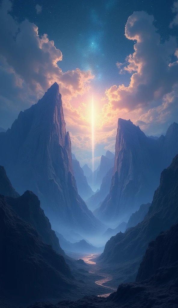 “Two tall mountains glowing with light between them, symbol of mercy and forgiveness, spiritual Islamic background, dramatic emotional night sky”