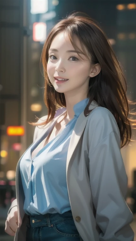  Portrait of beautiful female model Natle., Georgia Fowler, beautiful face, long dangling maroon hair , Cyberpunk city during the day. She is wearing a light blue long coat.,  jeans negros  , dramatic lighting, (Police Badge:1.2)