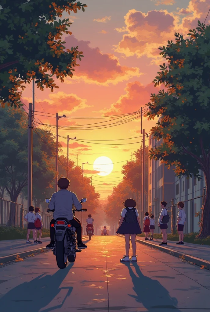 generate a picture. a school with a sunset. theres trees and students. on the corner side theres a guy with his motorcycle. make the people minimalist. its for a            iPhone wallpaper. portrait. make it cutesy. also make     this as a basis for the person and the motorcycle. can  you highlight the guy  and theres a girl on the other      side with a short hair, eyeglasses and airpod on her      ears. and make it like theyre strangers. the guy is not    riding on his motorcycle. the girl is only standing at the school gate and guy is also standing at front but on      different side of the road and there are also other         students on the scene. but make it like they are the      highlight. the subjects on the photo should be               minimalist. THE PEOPLE ON THE PICTURE SHOULD BE SMALL