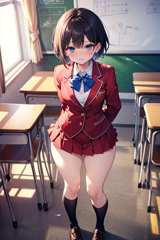 very cute and beautiful girl,(highly detailed beautiful face), (smile),blush,black hair,blazer uniform,ribbon,(pleated plaid mini skirt),standing,skirt lift,(white panties), wooden classroom,window,distant trees and town, (best quality,masterpiece:1.0),absurdres,highres,ultra-detailed,extremely detailed,32k,8k resolution, intricate details,cinematic scene,detailed background,solo,dynamic angle,realistic,