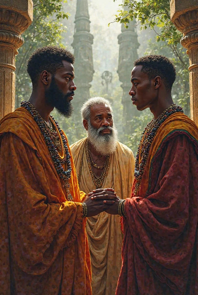 Two  African Yoruba king with beads on their necks consulting and herbalist with gray hair 