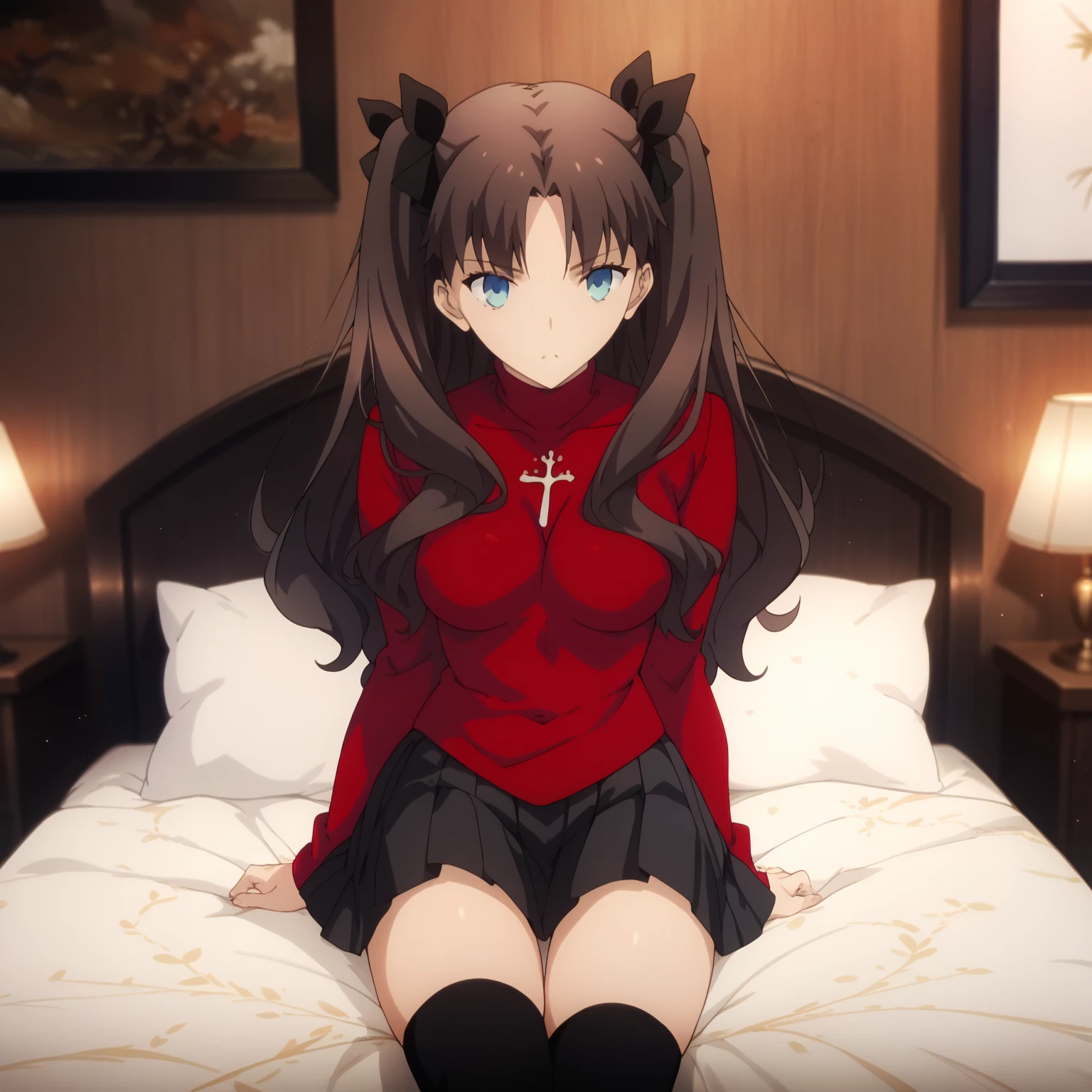 mastermasterpiece, highest quality, High resolution, (1 Girl), masterpiece, highest quality, High resolution, Panties pulled aside fuck | Sex Lora 011 | Perfect , rin tohsaka, Aqua Eye, Black Hair, hair ribbon, Long Hair, ribbon, Side Lock, on bed, bedroom,