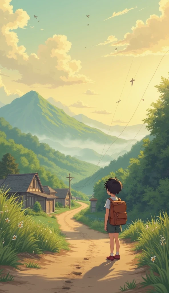 4K quality, Studio Ghibli-style illustration of a young dreamer standing at the edge of a quiet village at dawn. A dirt road winds into misty mountains in the distance. The character holds a satchel and looks forward with a gentle, determined smile.
Soft morning light peeks over the hills. Birds take flight.
