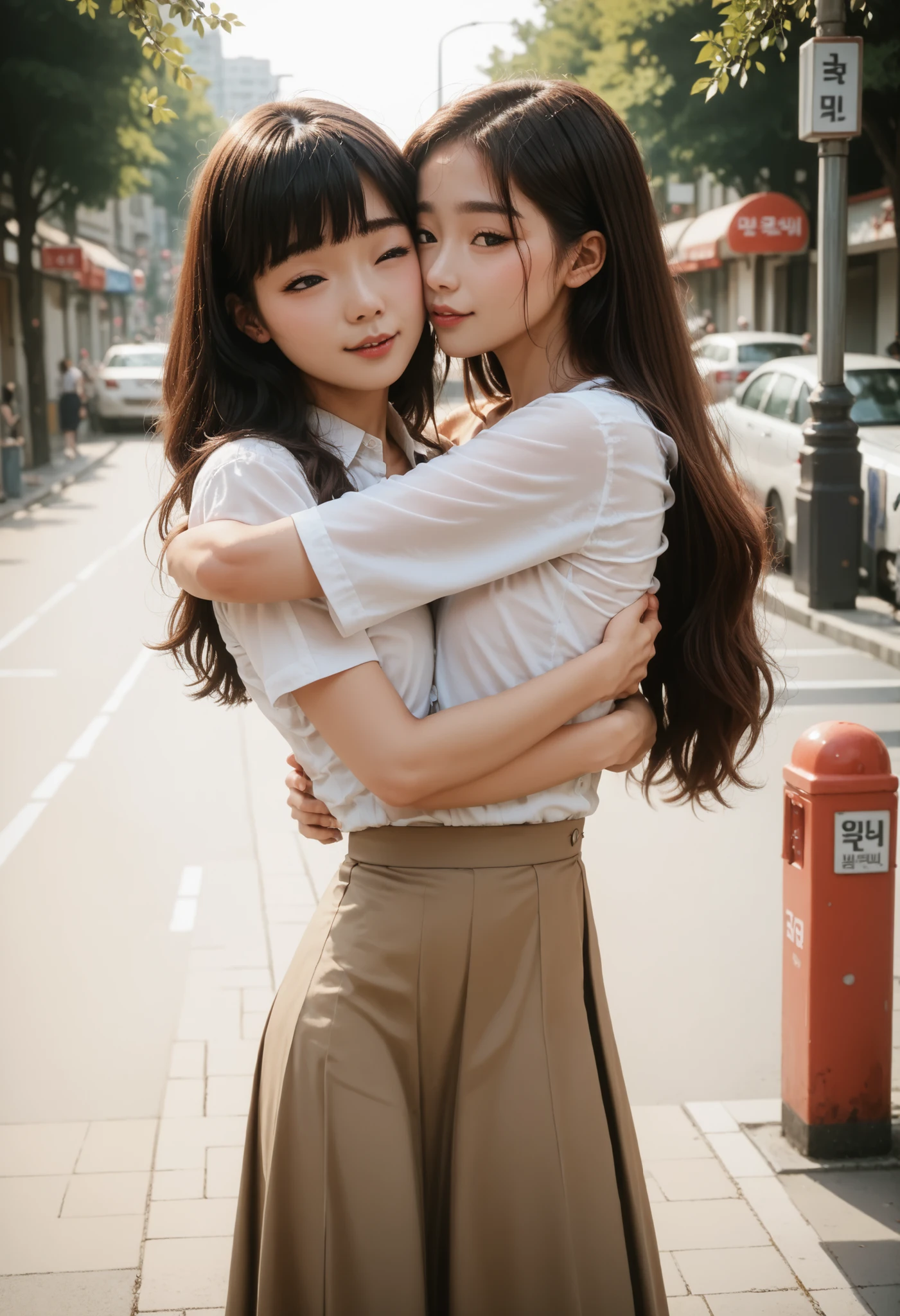Best resolution, anime girl with two torsos, conjoined , hugging, ,different skin tones, korean, light skin, eyes open, long straight hair, different hair colours, no shirt, skirt, street background, torso visible,