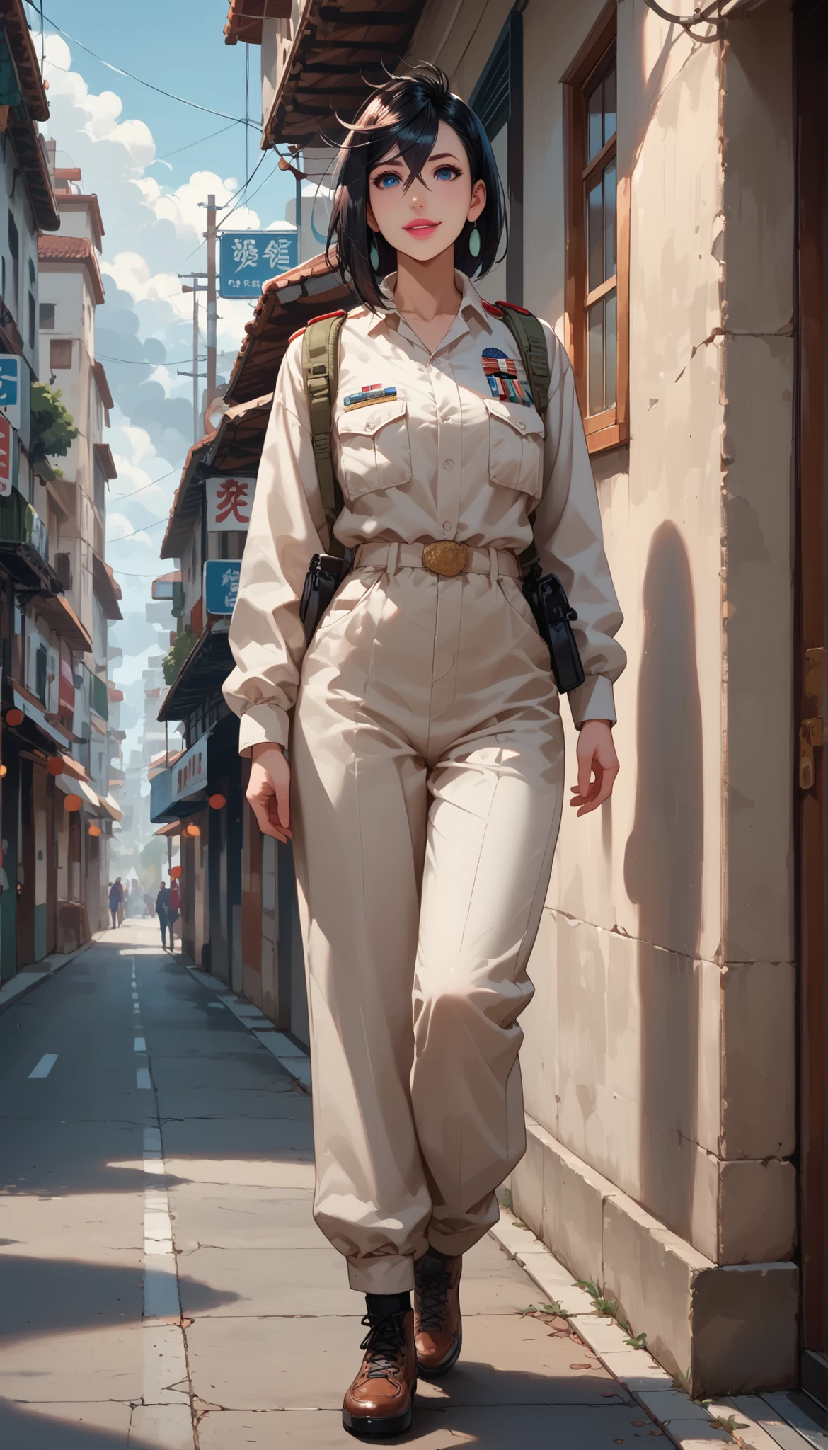 Full length portrait, frame, rape, Ayase Momo 18 years old in American army uniform standing on the street of an ancient ruined city, smoke from fires spreading along the street, blue eyes with smoky eyes, shiny pink lipstick on the lips, mouth slightly smiling, short black hair, bangs, front view full length