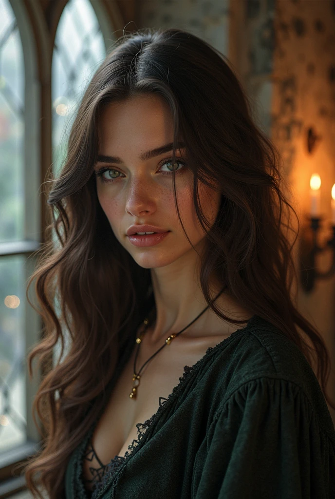 Seraphina is a young woman in her early twenties with a delicate yet resilient appearance. Her long, chestnut hair cascades in waves around her face, framing features that reflect both sorrow and strength. Her eyes, a piercing shade of green, betray a depth of emotion born from a tragic past.