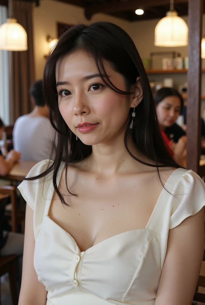 ((highest quality, 8K, Ultra high definition)), ((masterpiece: 1.3)), (Perfect appearance), (Photorealism: 1.6), Sunny outdoors, Original photo, Cinema Lighting, Poolside, (1人のJapanese Mature), (60 years old, Japanese Mature), (Look back here),((Realistic skin texture)), (Fine wrinkles all over the skin, Dull skin, Unmoisturized skin, Wrinkles around the eyes, double eyelid, Lower eyelid tear trough, Crying Mole, Dimples), Slightly parted lips, (Smiling: 1.2), (Short bangs), (Long hair with curled ends: 1.2), (Hair tied back: 1.2), (backless dress), (Plain draped dress), (loose-fitting top dress), (Halter neck), (A long dress with a tight bottom), Pale pink dress, ((Turn around by turning only the upper body)), (Small breasts: 1.2), (Nipples are visible from the side), (Close-up of upper body: 1.4),