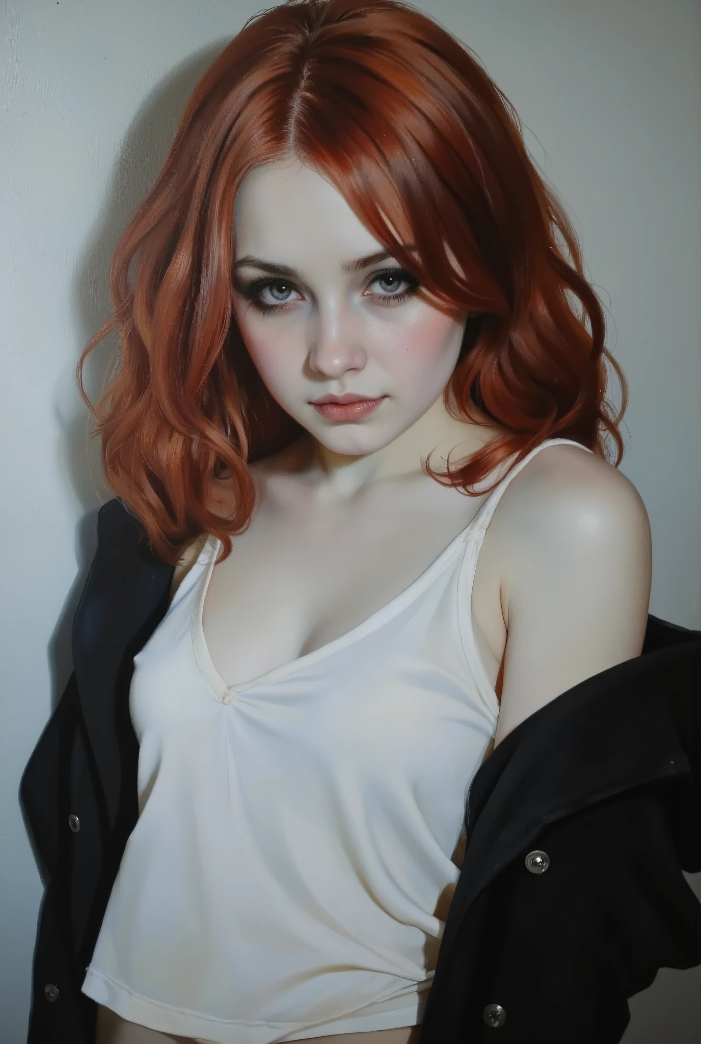 Face portrait of a pale redhead gothic emo princess, Her dark, haunting eyes are framed by heavy black eyeshadow and eyeliner. Her lips, painted in deep crimson, curl into a soft smile—equal parts vulnerable and dangerous, as if she knows secrets that could shatter worlds. White female in her late 20s wearing cotton white tank top. Despite her pleading smile, there is an undeniable intensity in her expression—a silent promise that her apparent fragility hides a deeper, unstoppable strength.