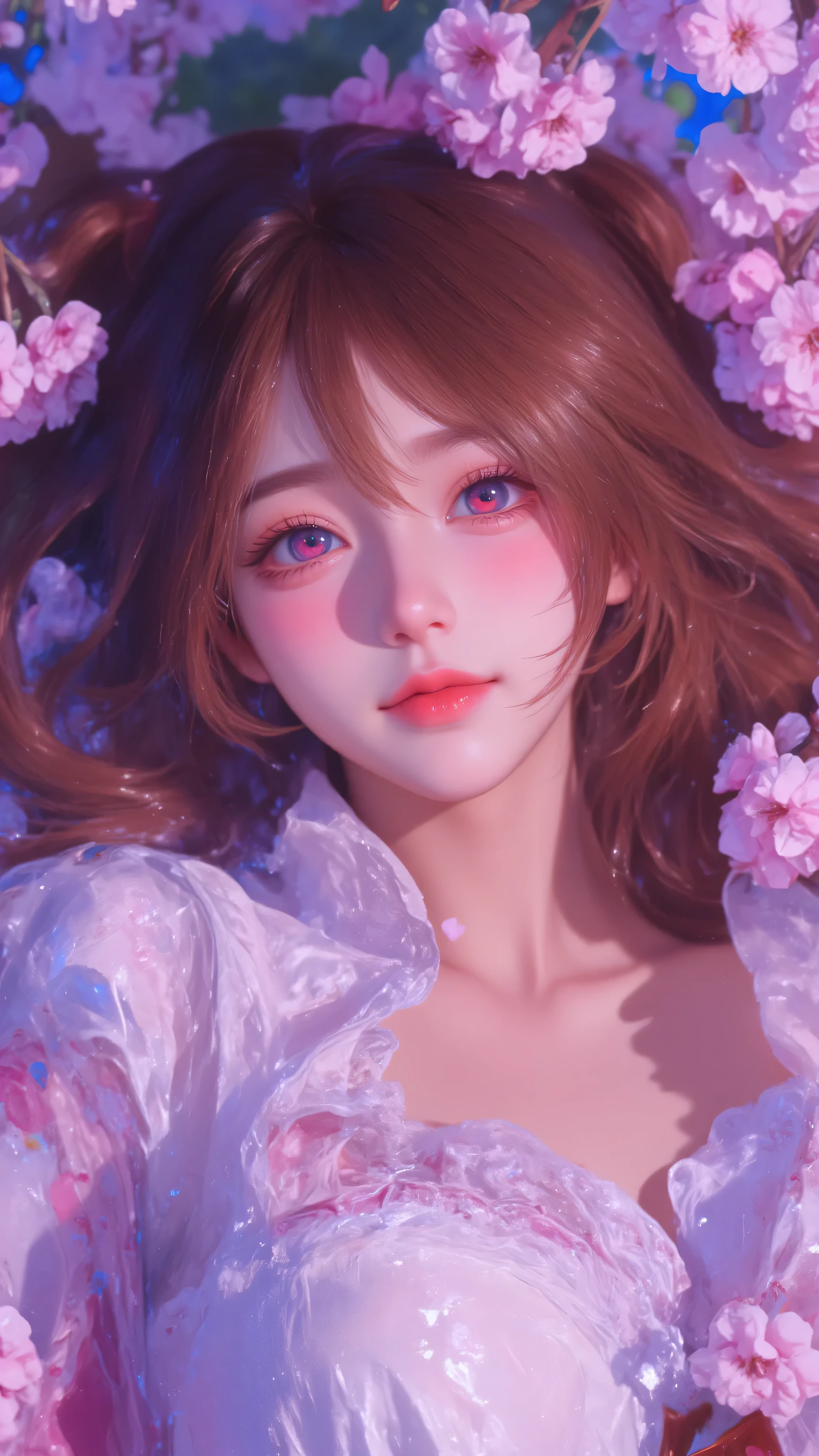 32k, masterpiece, Top Quality, ((Asuka)) ,Three-Qarter , purple glowing eyes, Red Cheeks, Cheerful, casual, Fun, Dynamic, Lying in the flowers,full body,Cherry blossoms,seaside, petals falling, sunshine, number, soft shadows, detailed.