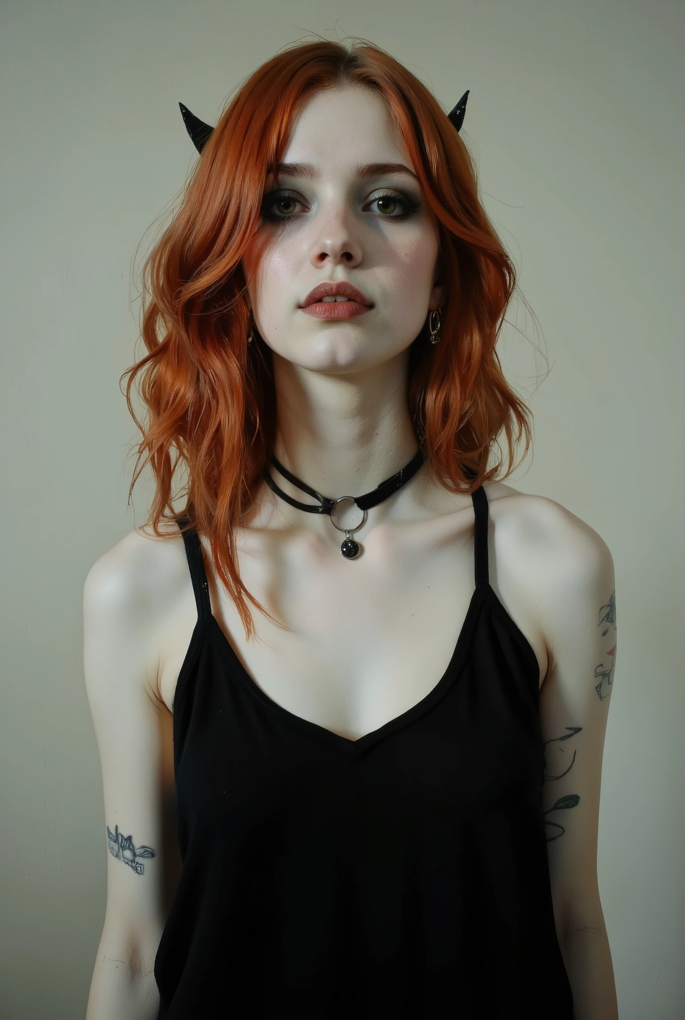 Face portrait of a pale redhead gothic emo princess, Her dark, haunting eyes are framed by black eyeshadow and eyeliner. Her lips, painted in deep crimson, curl into a soft smile—equal parts vulnerable and dangerous, as if she knows secrets that could shatter worlds. White female in her 20s, wearing cotton black tank top, choker, loop earings, pendant, round glasses, Despite her pleading smile, there is an undeniable intensity in her expression—a silent promise that her apparent fragility hides a deeper, unstoppable strength.
