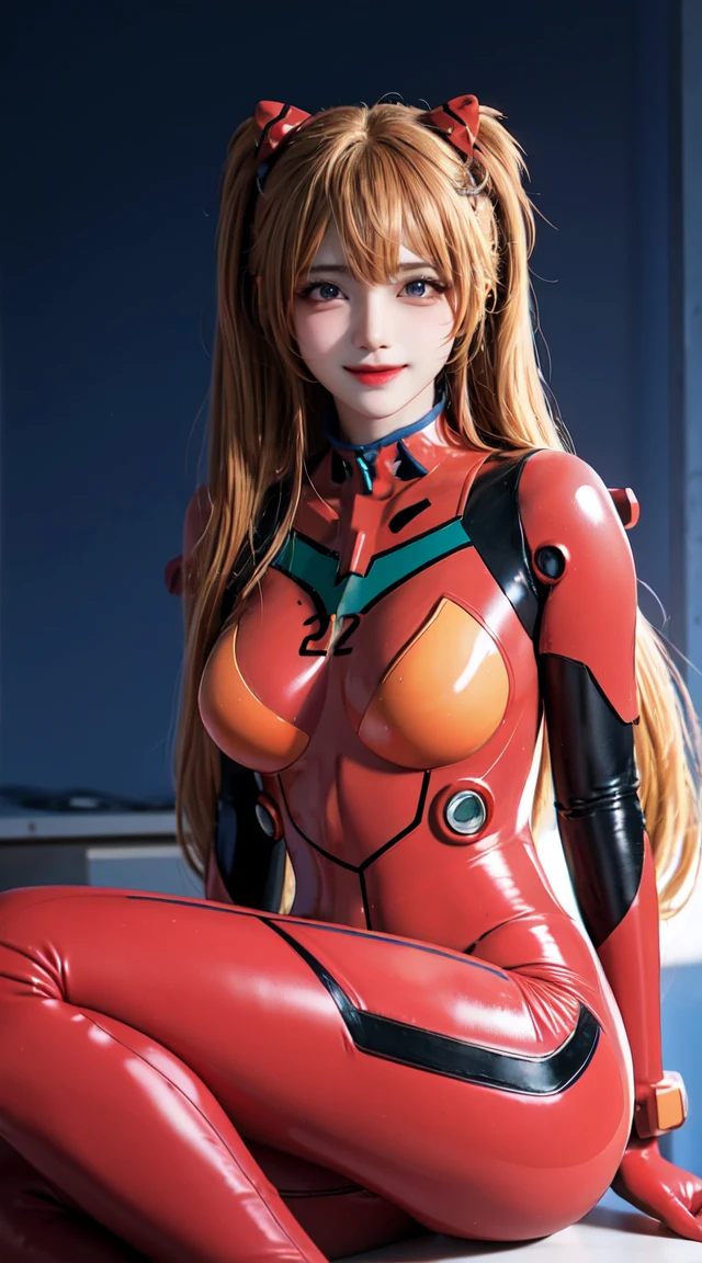 (masterpiece:1.4、top-quality)、(intricate detailes)、Unity8k wallpapers、ultra-detailliert、Beautiful and mysterious、detailed background、realisitic、solo、Perfectly detailed face、Detailed blue eyes、ighly detailed、red blush、hair adornments、Chignon mahogany hair、(blonde hair)、Plug Suit 02,Shikinami Asuka Langley、evangerion、Looking at the camera、facing front、Cute s、full body suits、black backgrounds, big breast, hard nipples