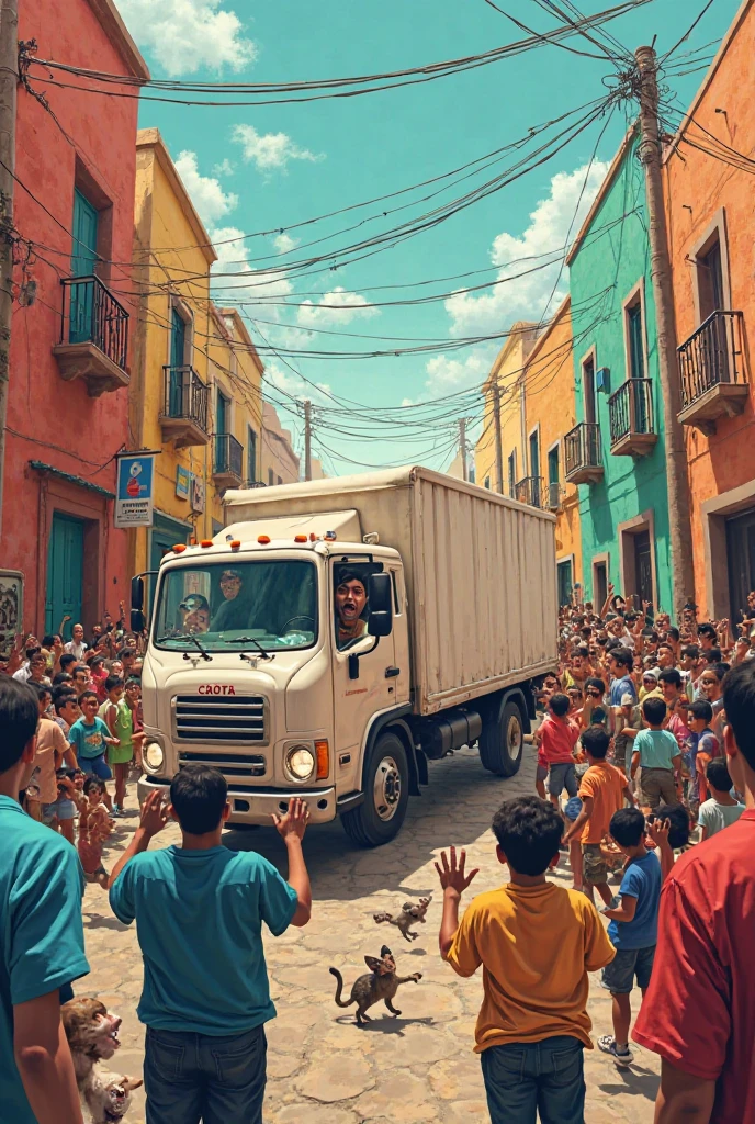 um menino, 3 anos de idade, (((cabelos castanho))), Waving his hand, feliz, dirigindo um carro infantil, in front of a house