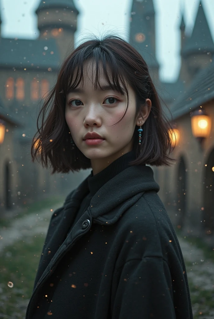 Create an image adult Korean girl, hair color is dark brown. Simple looks, make her cool. Harry Potter theme. Hogwarts 

