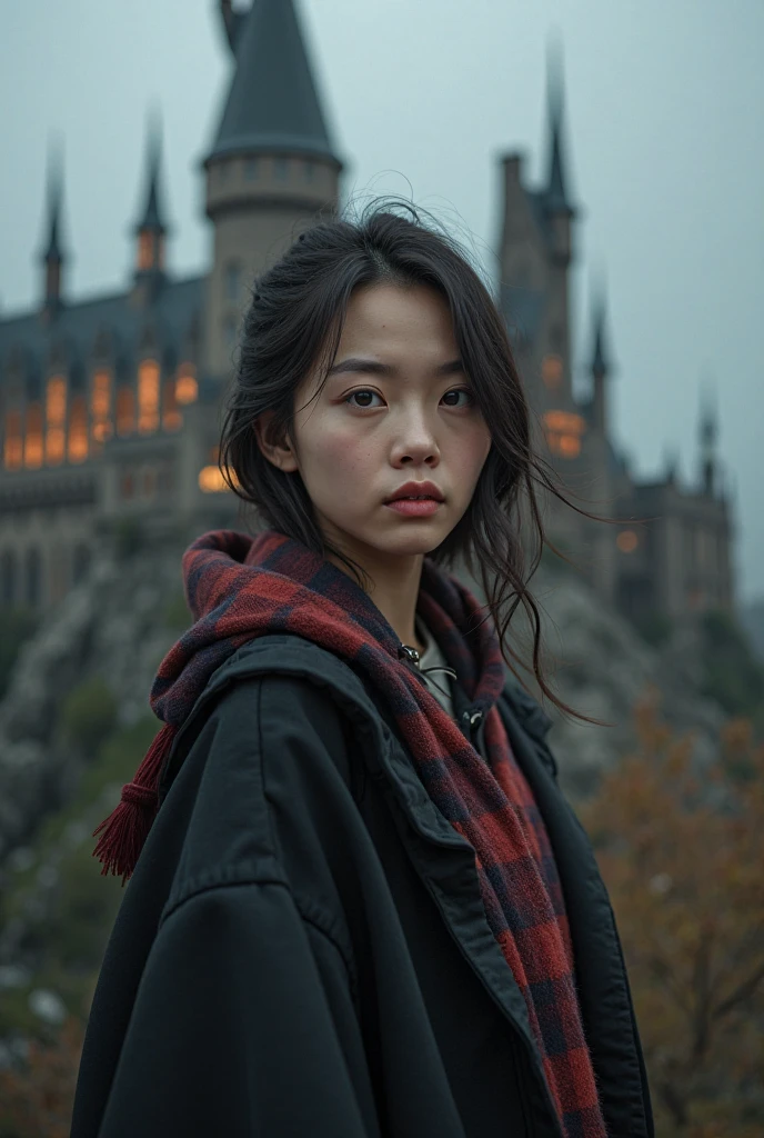 Create an image adult Korean girl, hair color is dark brown. Simple looks, make her cool. Harry Potter theme. Hogwarts
