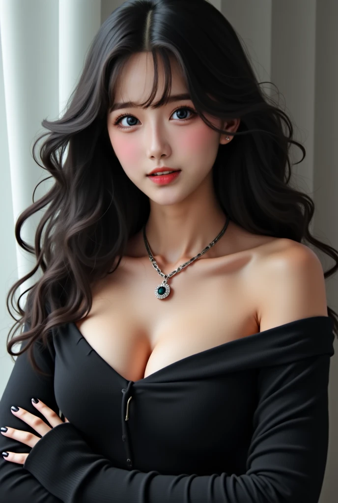 (Surrealism) , (Implications), (Improve resolution), (8K), (Extremely detailed), (Best Best Illustration), (Beautiful and delicate eyes), (Best quality), (Extremely detailed), (masterpiece), ( wallpaper), (Detailed face), Full Body Love,1個Giant Breast Girl, Grab the chest with one hand,Smile,Looking at the audience, Exquisite details, Detailed face, Off-shoulder,in the dark night, deep shadow, low pitch,purebred face_V1, Smile,Long gray hair,Black shawl straight hair,Side bangs