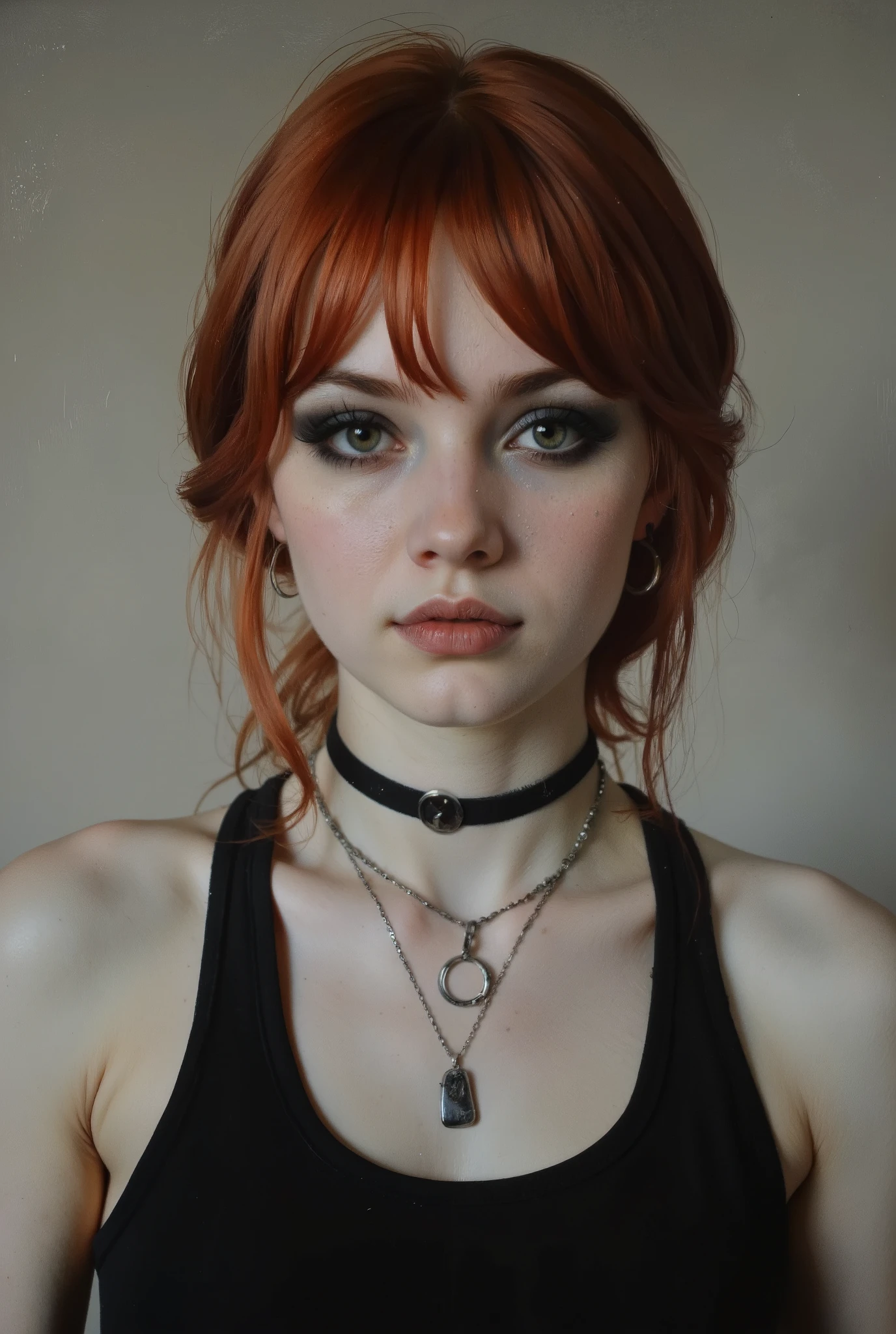 Face portrait of a pale redhead gothic emo princess, Her dark, haunting eyes are framed by black eyeshadow and eyeliner. Her lips, painted in deep crimson, curl into a soft smile—equal parts vulnerable and dangerous, as if she knows secrets that could shatter worlds. White female in her 20s, wearing cotton black tank top, choker, loop earings, pendant, round glasses, Despite her pleading smile, there is an undeniable intensity in her expression—a silent promise that her apparent fragility hides a deeper, unstoppable strength.