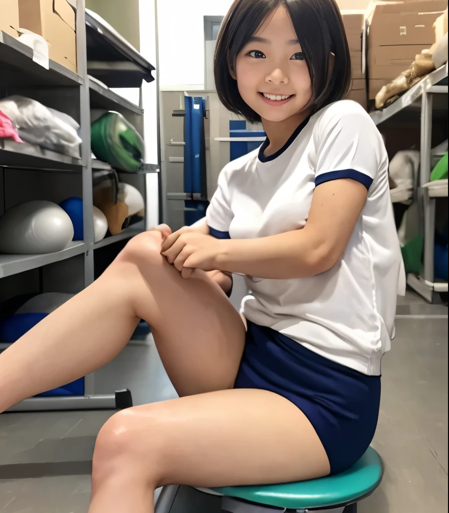 ( top quality 、 Ultra Fine) 、 masterpiece、Clear Photo、 (photorealistic:1.6)、 Professional photography lighting 、Sit in the gym warehouse 、smile、( cute high school girl with blood all over her body 、Yoda Yuki、 The cutest in the world 、idol class、gravure idol )、 shiny skin、Almond Eye 、( erectile nipples )、Ultra slim、 slender body、 thin waist、 beautiful legs、( Female high school student wearing gym clothes、Short sleeve、 dark blue bloomers )、(Sit in the gym warehouse 、Sit in front of the camera、 legs)、(perfect anatomy、 charming) 、very short hair:1.6