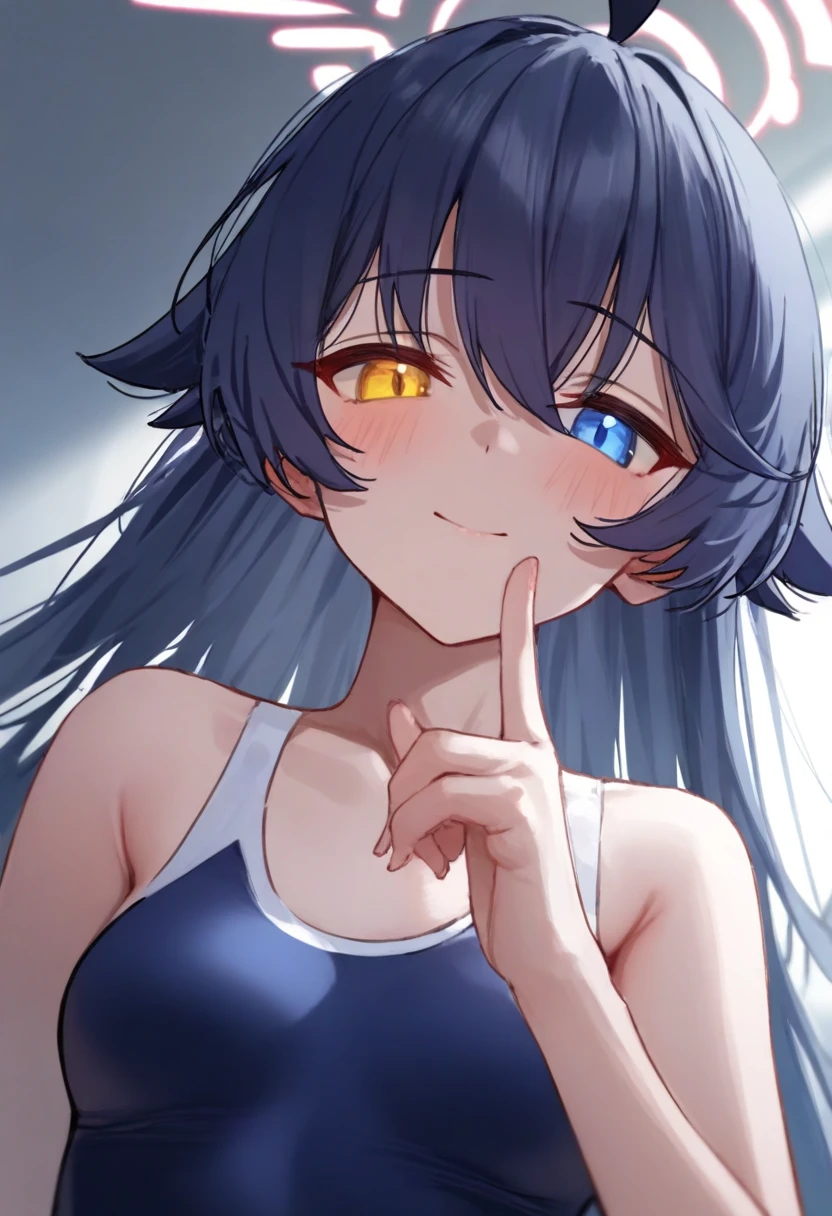 masterpiece, best quality, very aesthetic, absurdres, newest,1girl, covered_nipples, (close-up of face), shushing, silence gesture,finger_to_mouth,blush,tears in eyes,embarrassed,,,ganyu,ganyu(genshin impact), horns, black body-stockings,white clothes, short blue hair, breasts , black eyes,,in school, in college