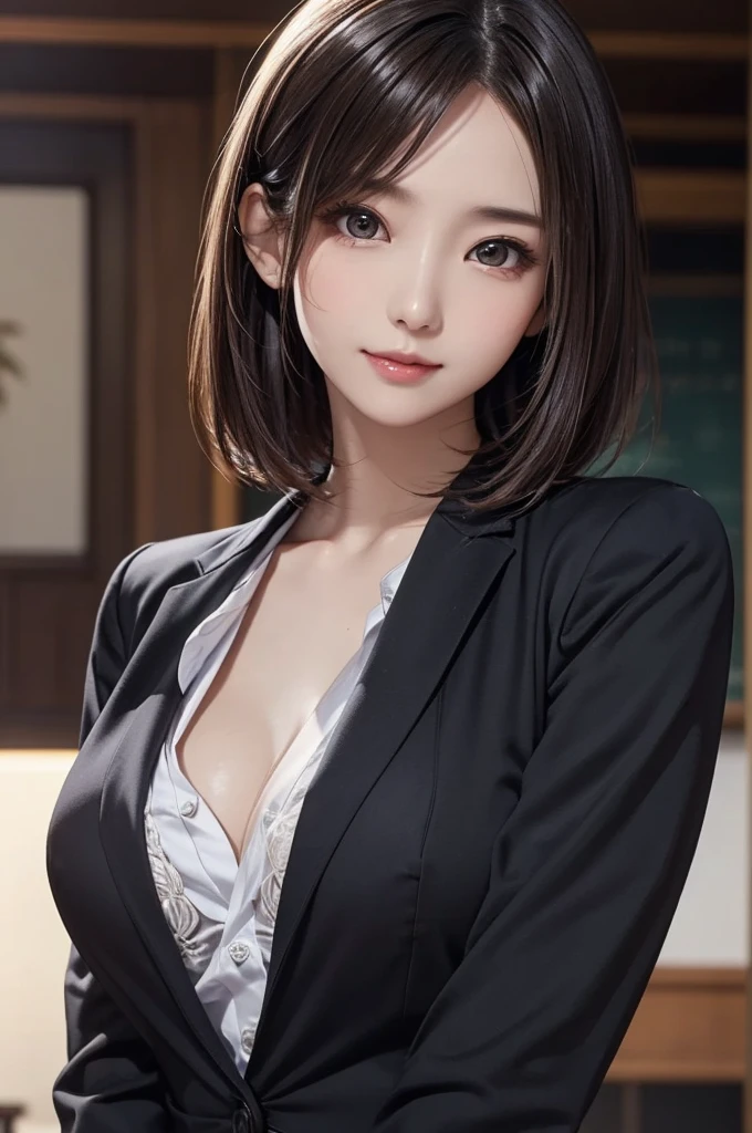 (1girl 24 years old:1.3), (photorealistic:1.4), (masterpiece, top quality, best quality, official art), extreme detailed, highest detailed, (ultra-detailed), ((an extremely delicate and beautiful)), cinematic light, (realisticlying:1.3), (highdetailskin:1.2), high resolution, 8K UHD, 4K, 8K, Bokeh, digital SLR camera, absurderes, Optimal proportions of four fingers and one thumb, 
((silky long hair)), (brown hair), beautiful face, perfect face, highly detailed beautiful face, 
Cute, shy, 
walk around town, 
dynamic angle, from above, 
((Wearing a black formal blazer)), ((white blouse with collar)), cleavage, skirt, lacepantyhose,