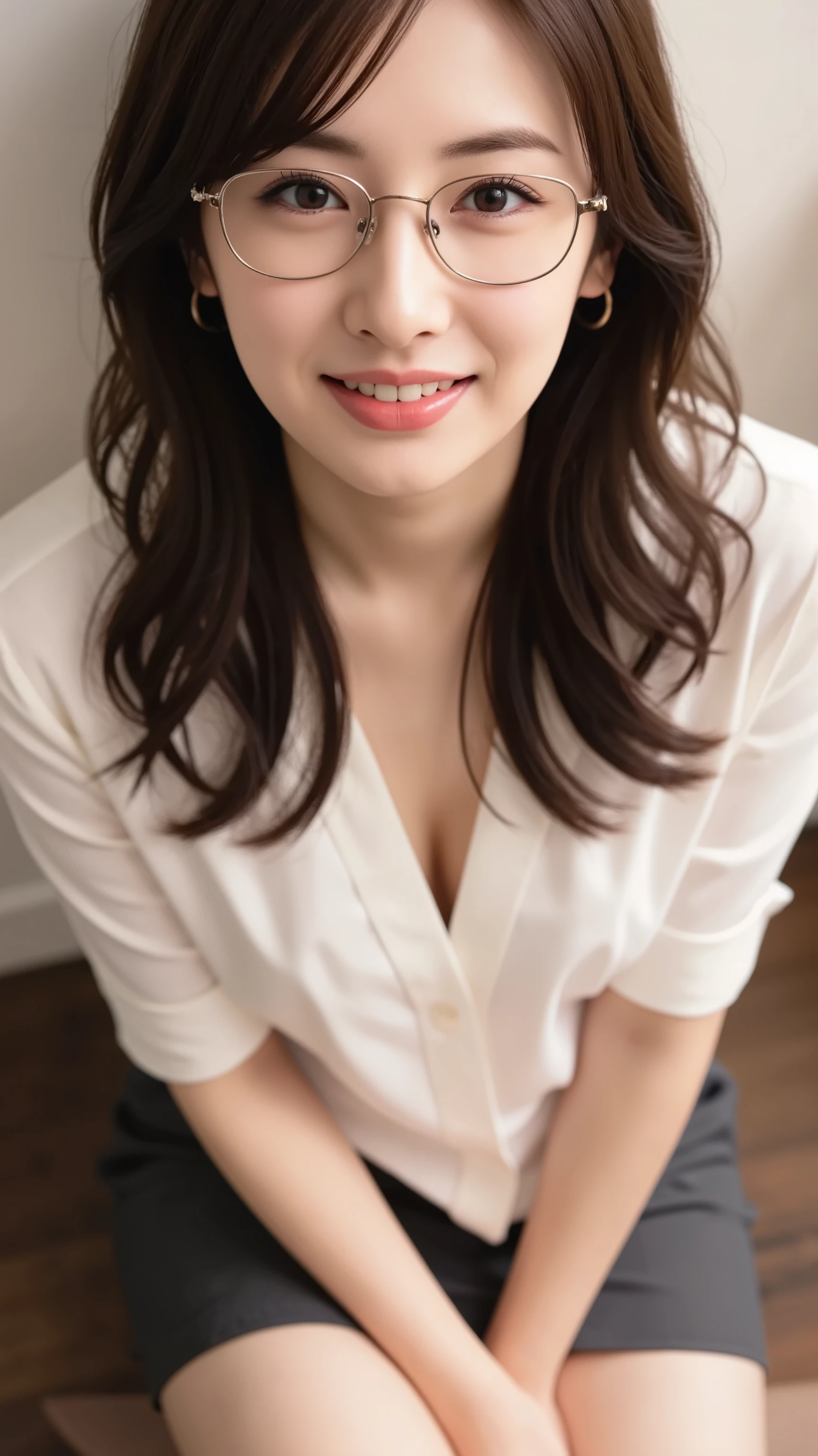 1girl, (masterpiece), (Highest quality), (32k), (photorealistic), (Ultra-high resolution), (a portrait with sharp focus and crisp quality, highlighting the subject’s facial features), (simple background), ((face and body straight at the camera:1.4)), (looking at viewer:1.4), Sharp focus, beauty, A balanced body, Beautiful breasts, Well-formed face, Shiny Hair, Fine-grained skin type, (grin:1.5), (portrait:1.3), (sitting on floor:1.2), (wariza:1.5), (leaning forward), (from above:1.5), (close-up:1.4), (dress shirt:1.5), (downblouse), (cleavage), (pencil skirt:1.2), (glasses:1.4), 40yo, kitagawa
keiko