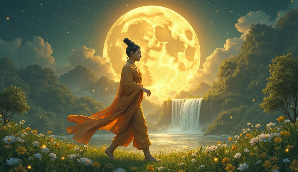A surreal 4K digital painting of Siddhartha Gautama, the Buddha, in traditional Vietnamese style. The Buddha walks barefoot across a lush emerald-green grass field under a large, glowing full moon that radiates golden light. His skin is radiant gold, his hair is twisted black in traditional Vietnamese patterns, and he wears a flowing orange robe with golden accents.

Behind him, a majestic golden waterfall flows into a shimmering river, surrounded by vivid greenery and ancient trees. The night sky is filled with sparkling stars and scattered clouds, while fireflies gently glow in the air. The Buddha's expression is calm and wise, radiating mindfulness, compassion, and inner peace. The scene is rendered in ultra-high-definition with glowing textures, ethereal lighting, and vivid colors that enhance its sacred and dreamlike atmosphere.