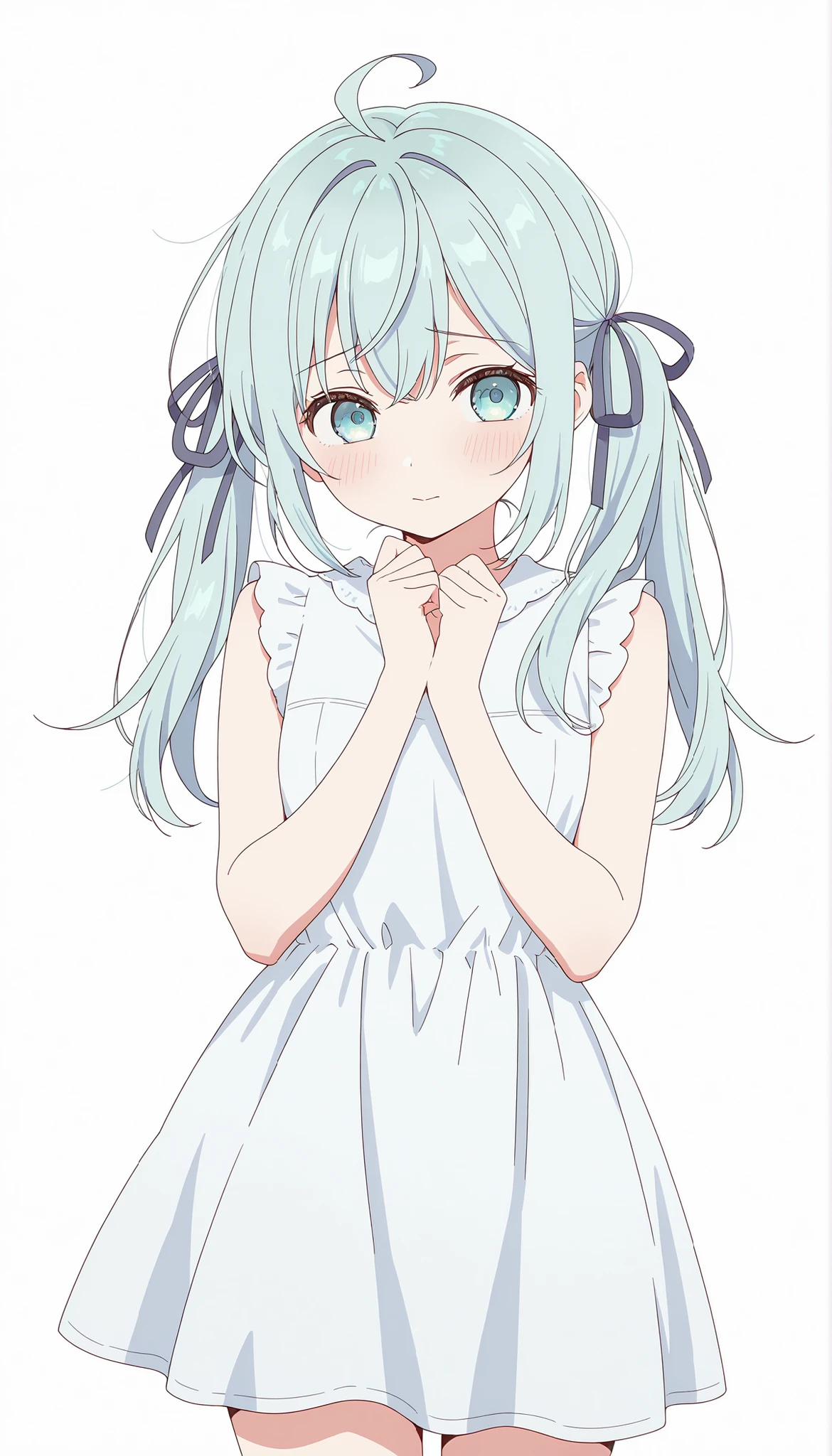 1girl, looking at viewer, cowboy shot, long hair, shy, ahoge, solo, sleeveless dress, twintails, hair ribbon, simple background, white background