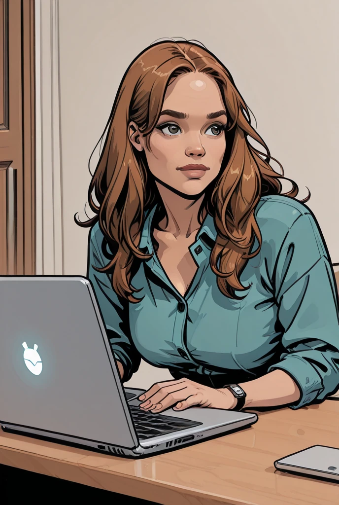 one person, sexy female blond character, green eyes, pink long-sleeve T-shirt, black leggings, playing on computer