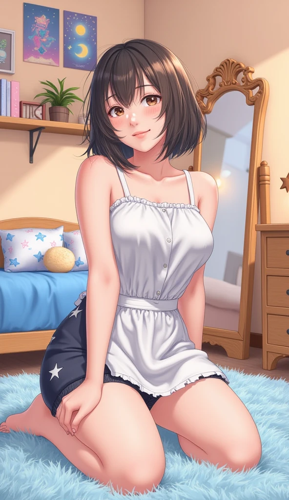 (((masterpiece, best quality, ultra highres, 1 girl, solo, white background))), super detailed skin and face and eyes and finger, cute japanese woman, small breasts, skinny, light brown hair, very short pixie hair, knee shot, white background, 2D anime, boyish, expressionless, cartoon, Various poses, Please draw the entire character within the frame, ensuring that the head, arms and legs are not cut off, with the character positioned centrally, expressionless, nipples, female genitals visible through tight clothing, Sheer clothes, natural shadows, focus on face, brown and detailed eyes, parted lips,Shiny skin, thick thighs, white panties, serrap, pleated skirt, loafers, black socks, crouching,anatomically correct, spread legs,