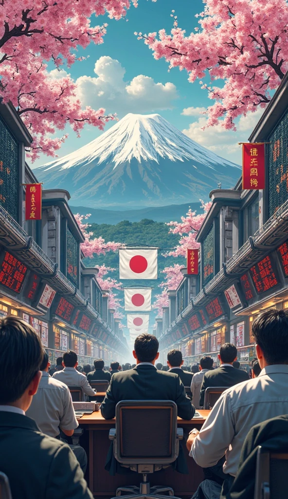 Tokyo Stock Exchange

Crashing chart behind Mt. Fuji or cherry blossoms

Busy Japanese traders looking tense, add japan flag also