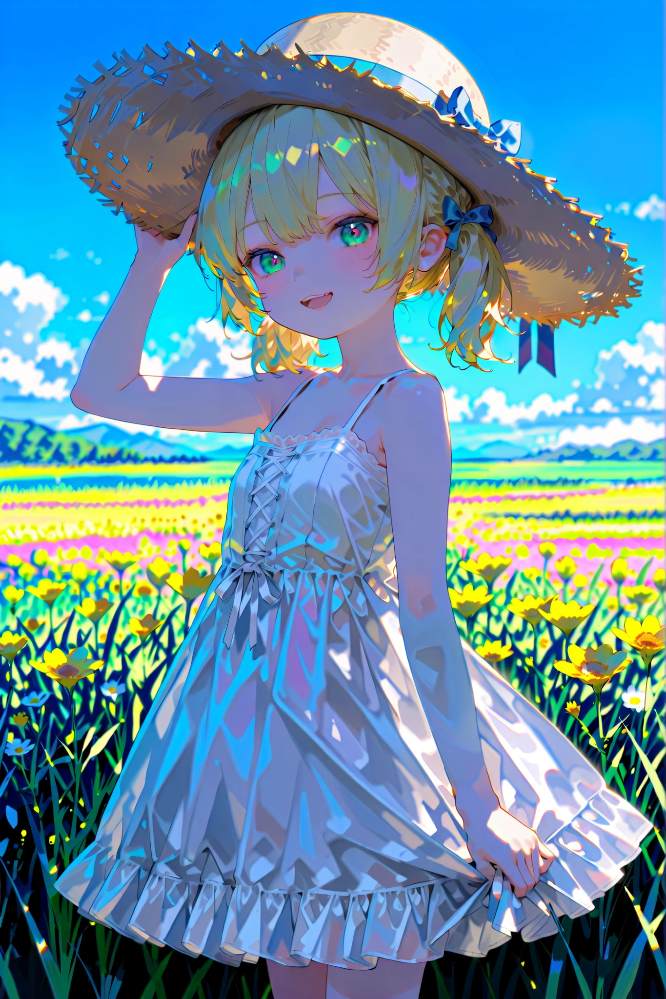 RAW, score_9_up, score_8_up, score_7_up, (Masterpiece), (best quality), (8K), (super detail:1.2), (High Definition:1.3), (best quality), (4k), (8k), (highres), (masterpiece:1.2), (ultra-detailed), (incredibly absurdres), (sharp focus), (artwork), (physically_based_rendering), (vibrant_colors), (warm_lighting), (magical_atmosphere), (fantasy_landscape), detailed background, (dreamlike_setting), (whimsical_details), 1girl, girl, solo, , little_girl, small girl, under age, young, kawaii, fair_skin, petite, young_face, blonde hair, smiling, open_mouth, flat body, young body, twintails, aqua eyes, aqua pupils, white_dress, skimmer, broad straw hat, wide-brimmed hat, grabbing hat, standing, outdoor, field background, UHD, five_fingers, from side, looking_at_viewer, face focus