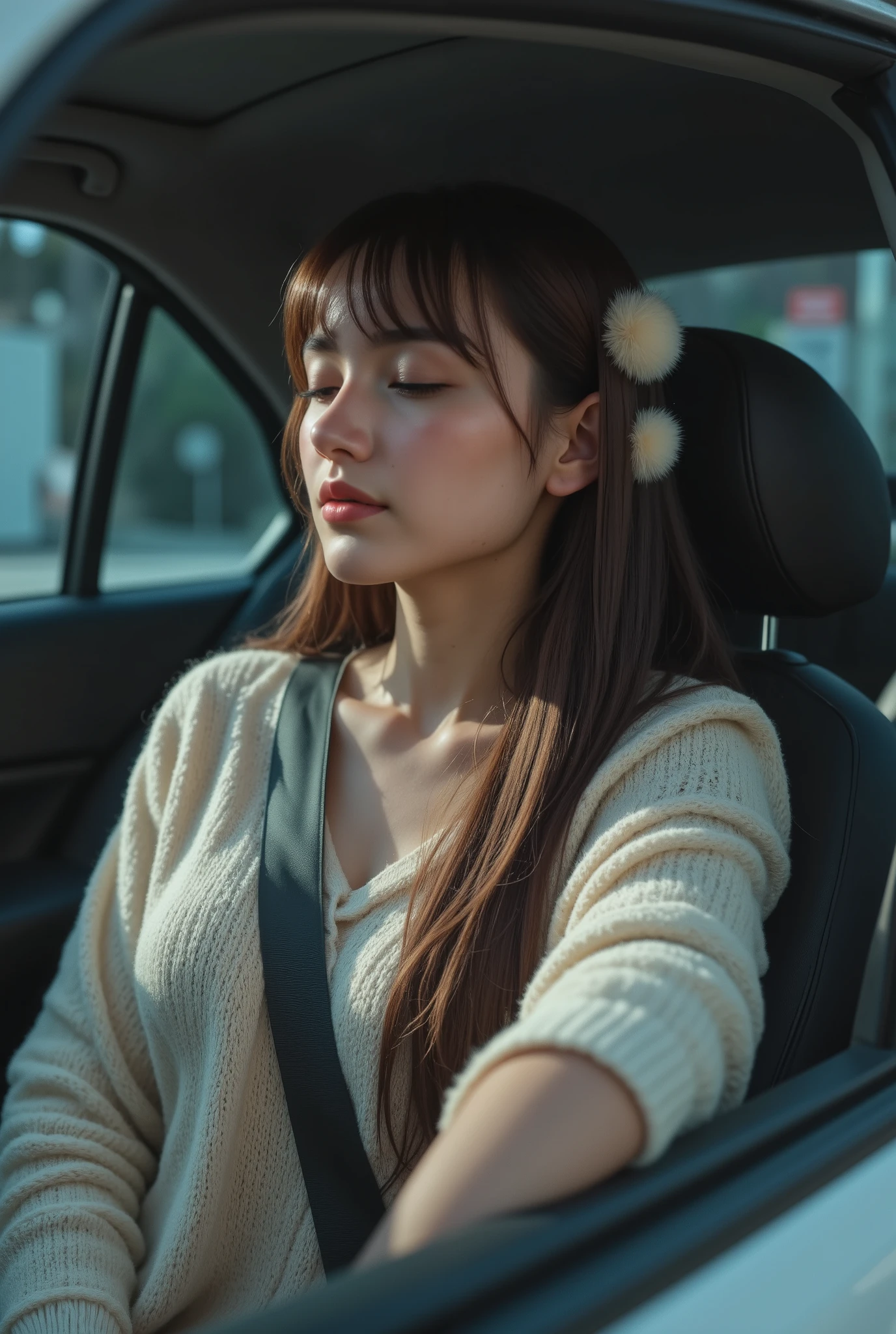 Pic from side angle, ((moles ob her face and chest)) peaceful, bangs, hair accessory pom-poms, closed eyes, neutral facial expression, long straight hair, casual clothing, knit cardigan, seatbelt across chest, sitting, indoor car environment, relaxed posture, close-up shot, still moment, there was mole on her face and chest.