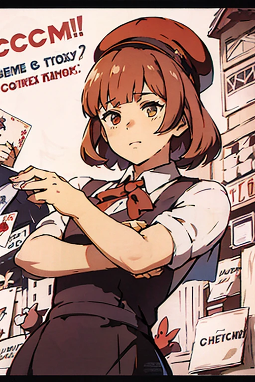 1 chibi of a woman who is very smiling, has red hair, and she is very active, energetic and happy in class, he has school clothes
