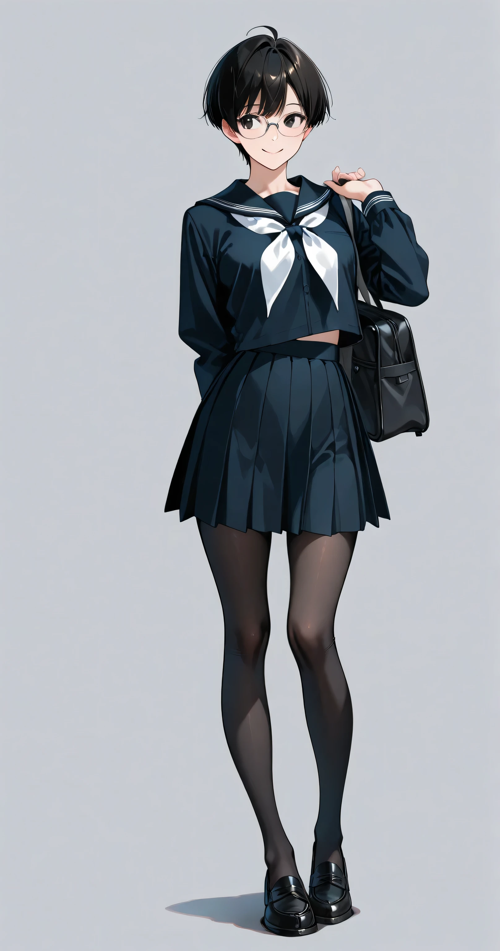 insanely detailed,
She is beautiful,
Cute anime-style girl (1.7),
Cell-shaded style, vibrant colors (1.7), 2D anime style, flat color (1.7),
Sharp focus (1.3), clear lines, crisp outlines, harmonized colors,
Alluring mystique, stunning clarity,
short choppy messy pixie cut black hair with ahoge, glossy highlights, flowing strands (1.3),
Detailed black eyes with intricate irises, large highlights, subtle intensity in gaze, clear eyes (1.5), Beautiful Eyes, cool eyes,
Ultra-detailed eye contours, exquisite eyelashes, 
Calm, boyish beauty, delicate yet strong,
Ethereal, quiet confidence, innocent yet captivating.
Delicate facial features, pure aura, fragile yet unyielding.
She wears a white lace slip under her sailor uniform(1.5).
White neckerchief, traditional Japanese school uniform (serafuku),
Classic black sailor uniform,
Jet black fabric, simple black sailor collar, black shirt, Long sleeve,  black color mid-thigh pleated skirt (10cm above the knees), 
black tights and black loafers, 
holding, school bag over shoulder, high-end design glasses,
Backlight, white simple background,
1girl, solo, no additional characters,
Masterpiece, best quality, ultra-detailed, 8k resolution,
Perfect anatomy, no tattoos or symbols on face (2.5),
Slender figure, flawless porcelain-like skin, dewy radiance,
Natural pose, arched back, 
light smile, looking away,
full body, front view, extreme close-up view, 
Highly detailed face, refined body, flawless skin.