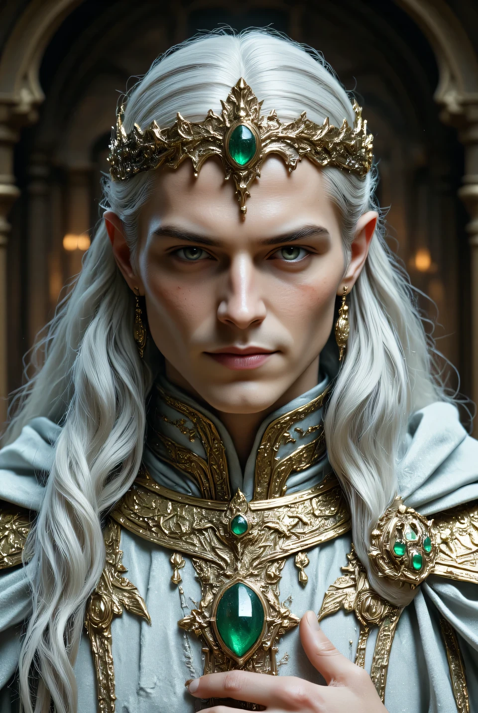 ((A very luxurious forehead decoration))The elven's long-eared, beautiful boy smiles kindly((Smooth, beautiful, straight, long silver hair))The skin is smooth and smooth((Very, very large, light greenish and silver streaks))Precise hands and fingers and a beautiful face(beautiful, smooth, and smooth skin1Man is God)The luxurious silver cloak costume of medieval royalty、gorgeous tiara、luxurious greenstone necklace、luxurious greenstone earrings(The 25-year-old man who closes his mouth is the king of elves)Look at Viewer((Luxurious medieval aristocrat fantasy costume with detailed pattern))dynamic pose(one hand on chest)