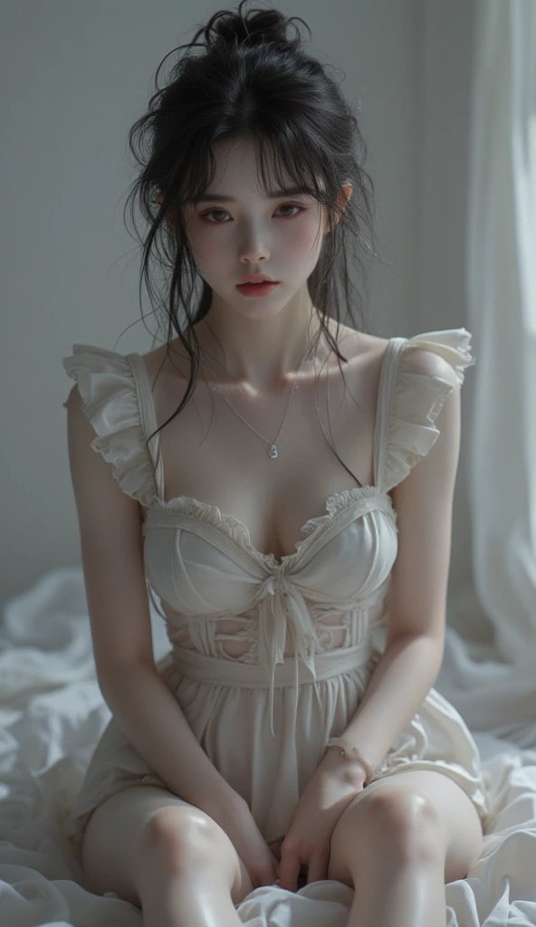 cinematic lighting, Bright dark, ray tracing, Mixing, Hyper-Realism, hasselblad, 85 mm, f/1.8, Photo at eye level, multiple views, First person view, best qualityer, work of art, anatomically correcte, texturized skin, There is a French Maid in a romantic bed-inroom, she has a filigree, dainty, Fragile body. The face is small, oval, very dainty, snub nose, pouring mouth, the eyes are almond-shaped and alert, the pupils are gray-green, long eyelashes, Better proportions, perfect skin, skin with fine pores and velvety, long renda ruff, androgynous,((large and medium breasts)), (French maid dress, short petticoat: 1. 3), (Cabelo-Rehanna, silver pink, asymmetrical bob: 1.2), Slim long legs, skinny figure, Stockings, garter, volantes, bed-inroom, bed-in, volantes satin, (She does the housework: 1.6), entire person, sitting on the edge of the bed-in, green and whaite